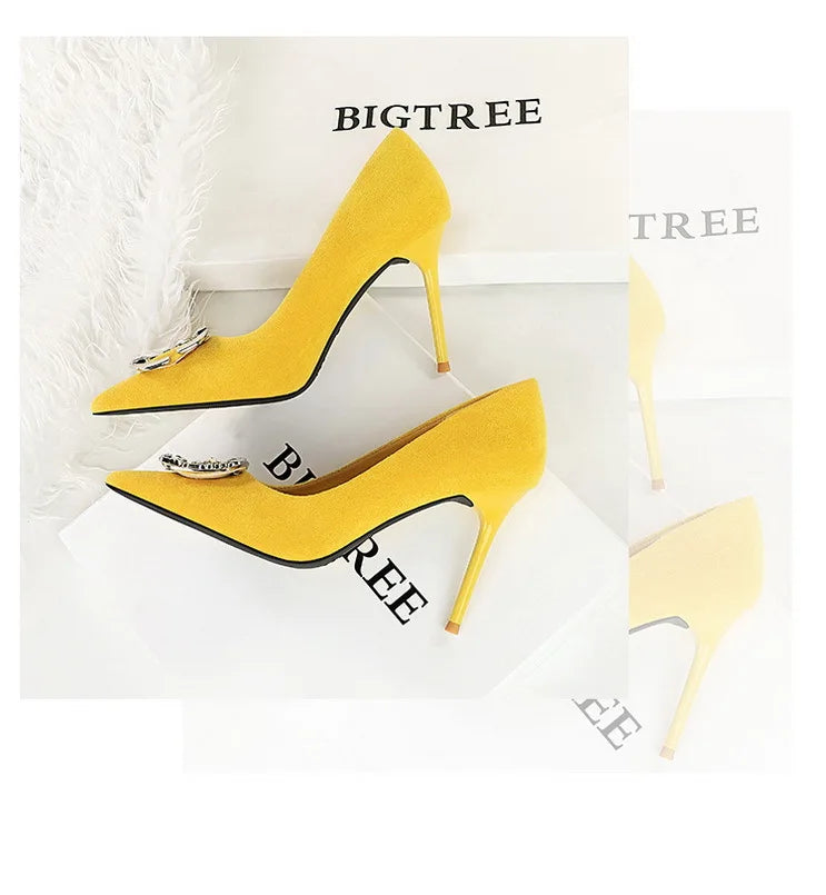 BIGTREE Shoes Metal Rhinestone Belt Buckle Women Pumps Suede High Heels Luxury Banquet Shoes Sexy Party Shoes Women Stilettos