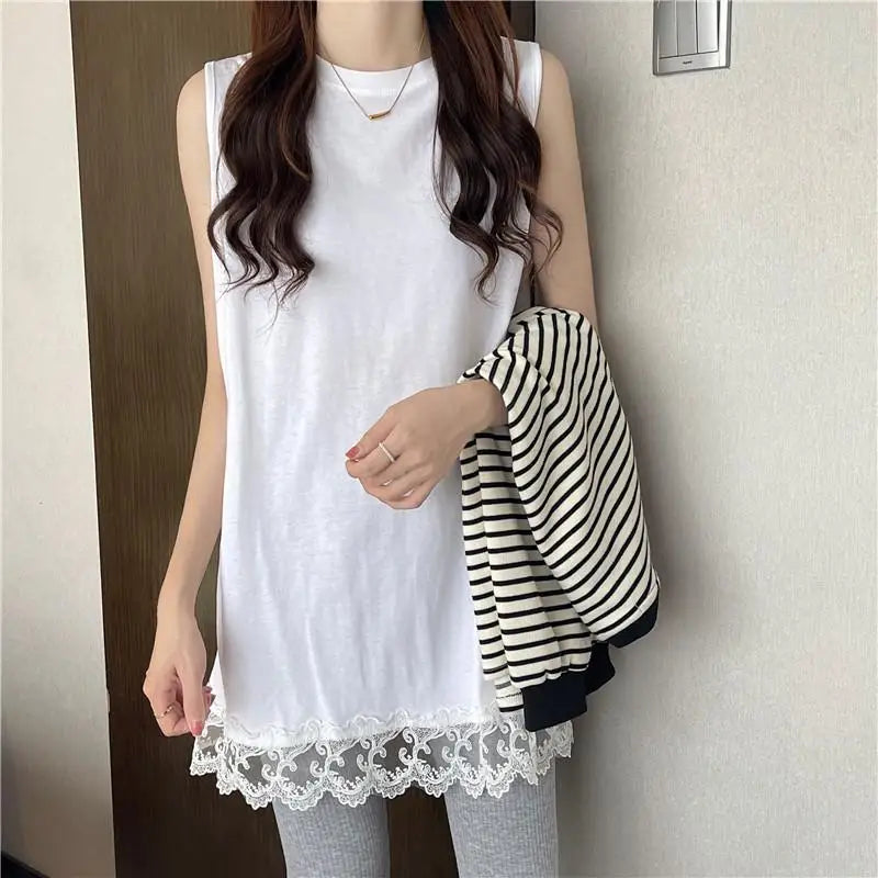 White Tanks Women Solid Lace Sleeveless Loose Tops Leisure Daily Korean Fashion Ins Harajuku Summer Simple 3XL Trendy Basics
