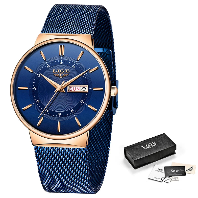 LIGE Fashion Man Watch Waterproof Sport Calendar Quartz Watch Men Top Brand Luxury Steel Strap Men's Watches Relogio Masculino