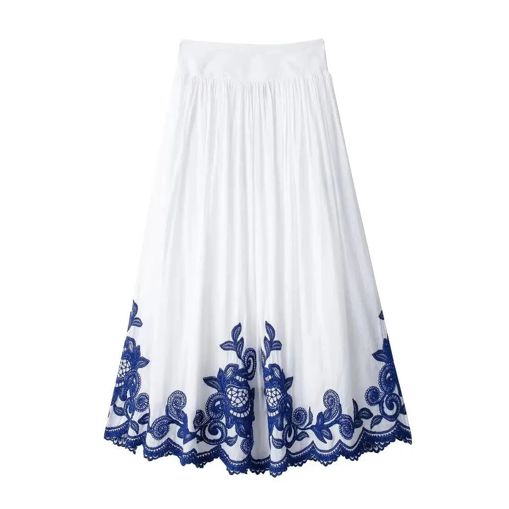 Women's 2-piece Set Of Blue Embroidered Single-breasted Loose Shirt + Chic High-waisted Loose Pleated Street Skirt Suit