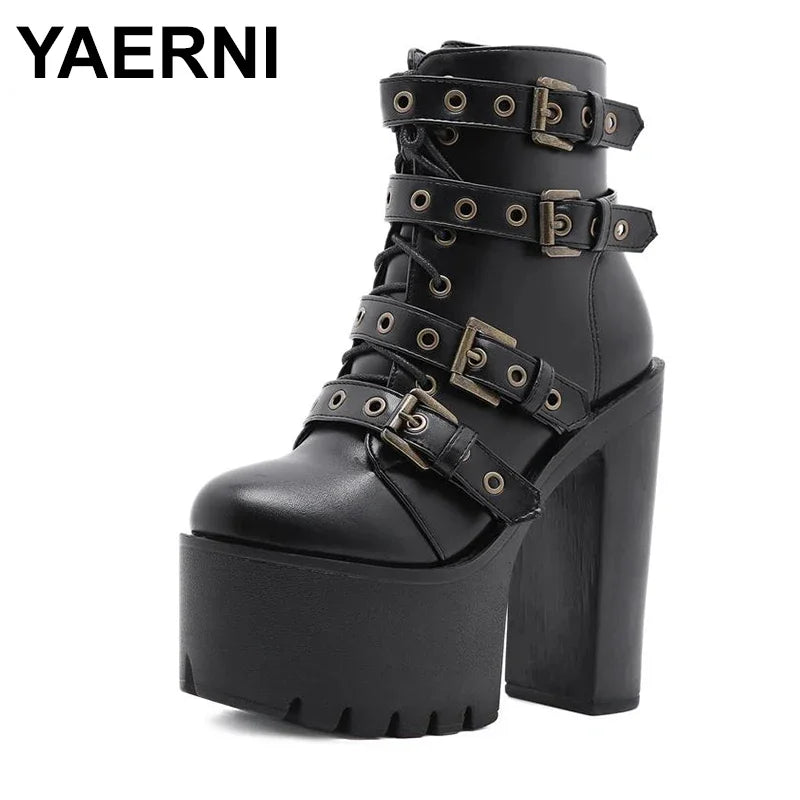 Zip Up Platform Ankle Boots High Heels Round Head Black Leather Goth Studded New Rock Combat Punk Women Shoes On Offer