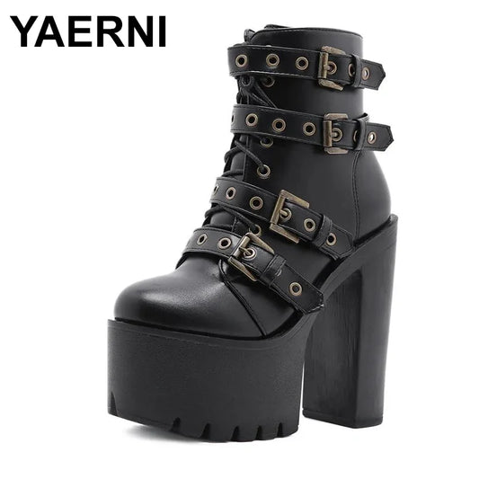 Zip Up Platform Ankle Boots High Heels Round Head Black Leather Goth Studded New Rock Combat Punk Women Shoes On Offer
