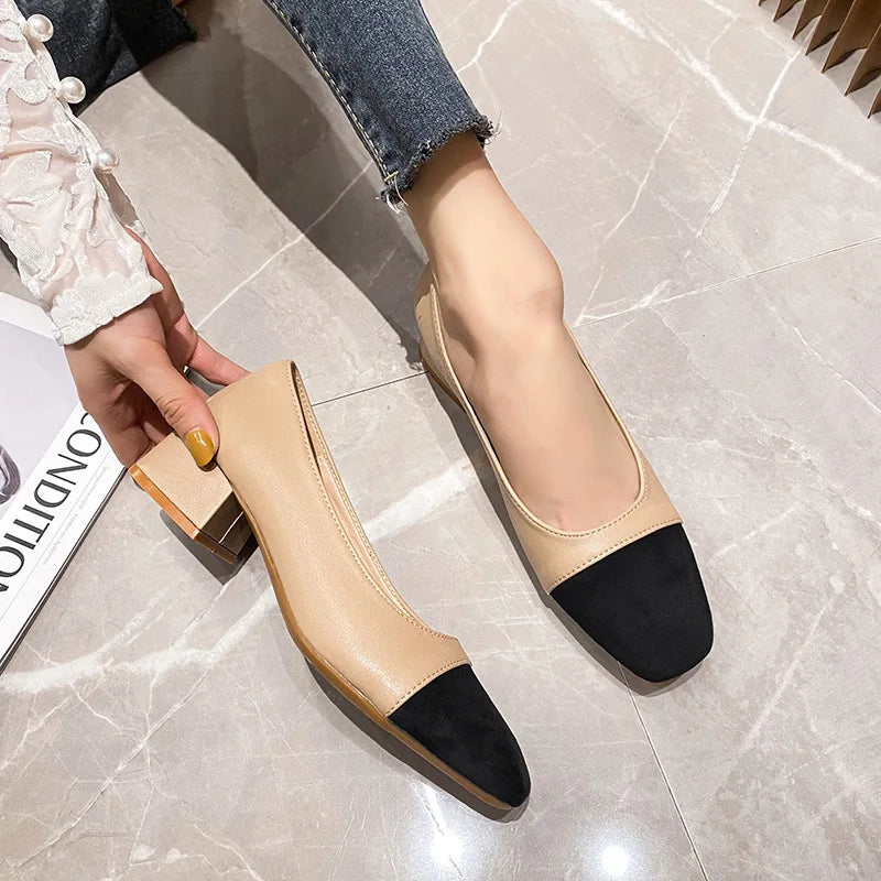 Woman Elegant Square Toe 3cm High High Heels Cute Beige Shallow Mouth Heel Female Shoes Barefoot Color Blocking Birken Shoes