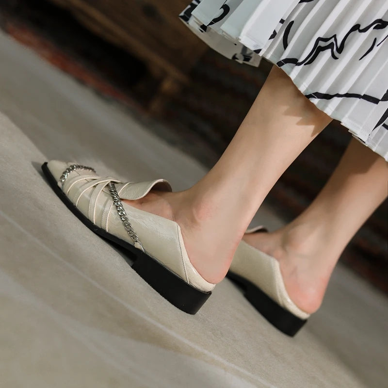 Dilalula 2025 Luxury Genuine Leather Loafers Womens Autum Spring Low Thick Heels Chain Pumps Female Leisure Natural Leather