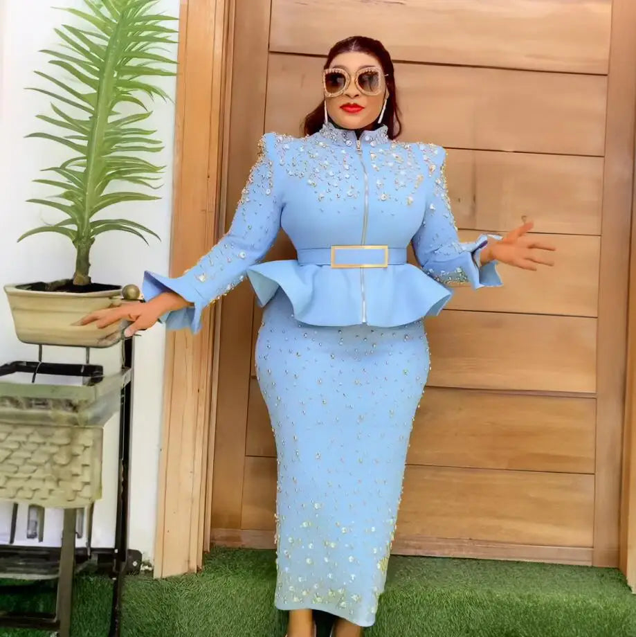 Fashion Suit African Dresses for Woman Rhinestone Turkey Dresses for Women Luxury High Quality Mesh Fabric African Beaded Dress