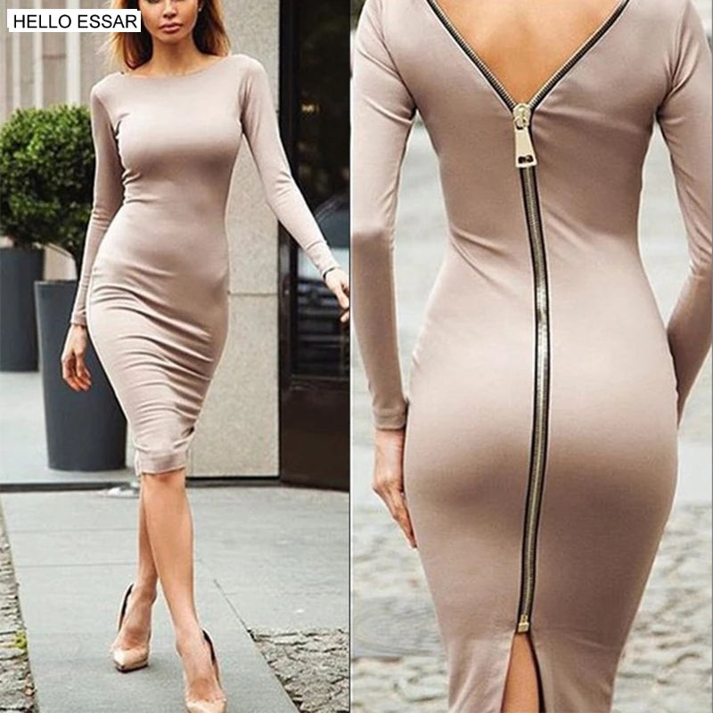 Spring new large size Bodycon dress Solid Color Round neck long sleeve Back zipper tight dress Female Fashion Clothes D1240 BAZAARHUBO