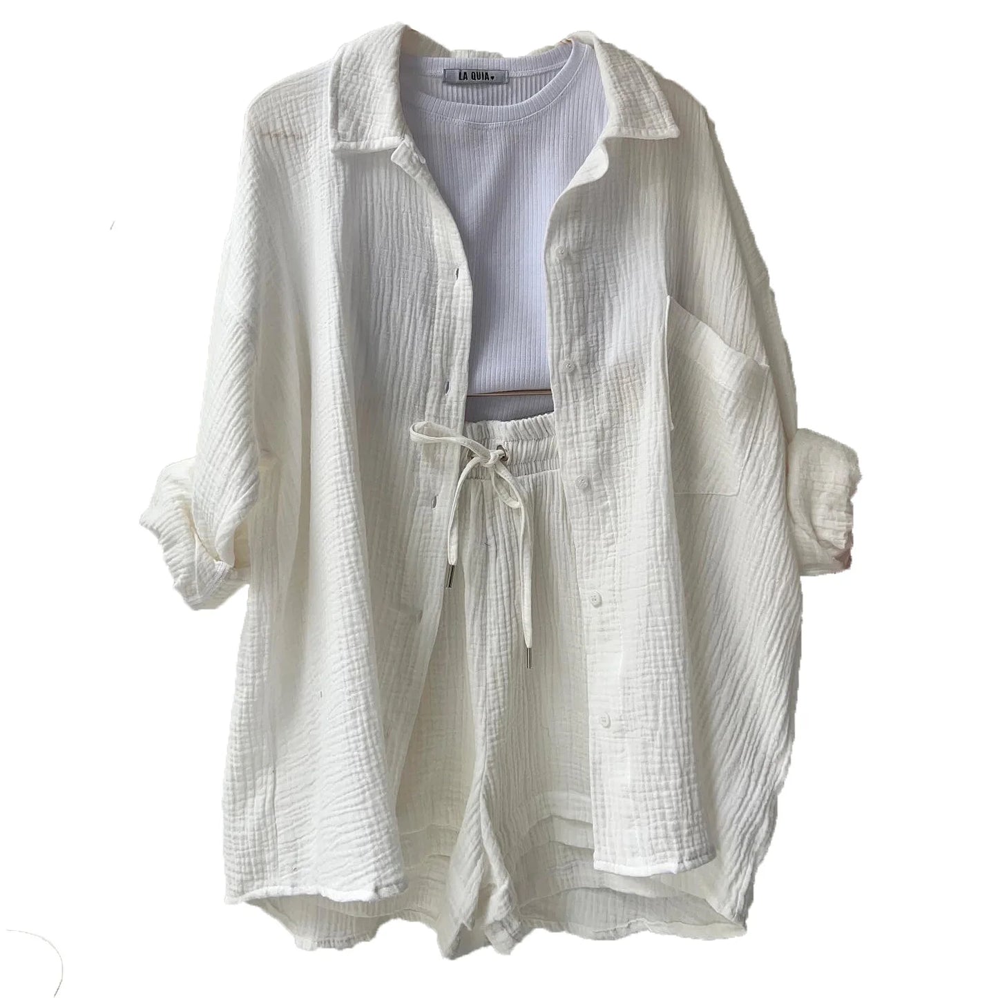 Casual Sleepwear 100% Cotton Pajamas For Women Sets Suit Turn-Down Collar Nine Quarter Sleeve Sleep Tops Shorts Female Homewear