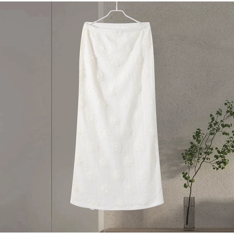 Knitting 3D Flower Tops Long Skirts Sets Women Elegant Lantern Sleeve Top Suit With Hip Package Skirt Lady 2025 Spring Outfits