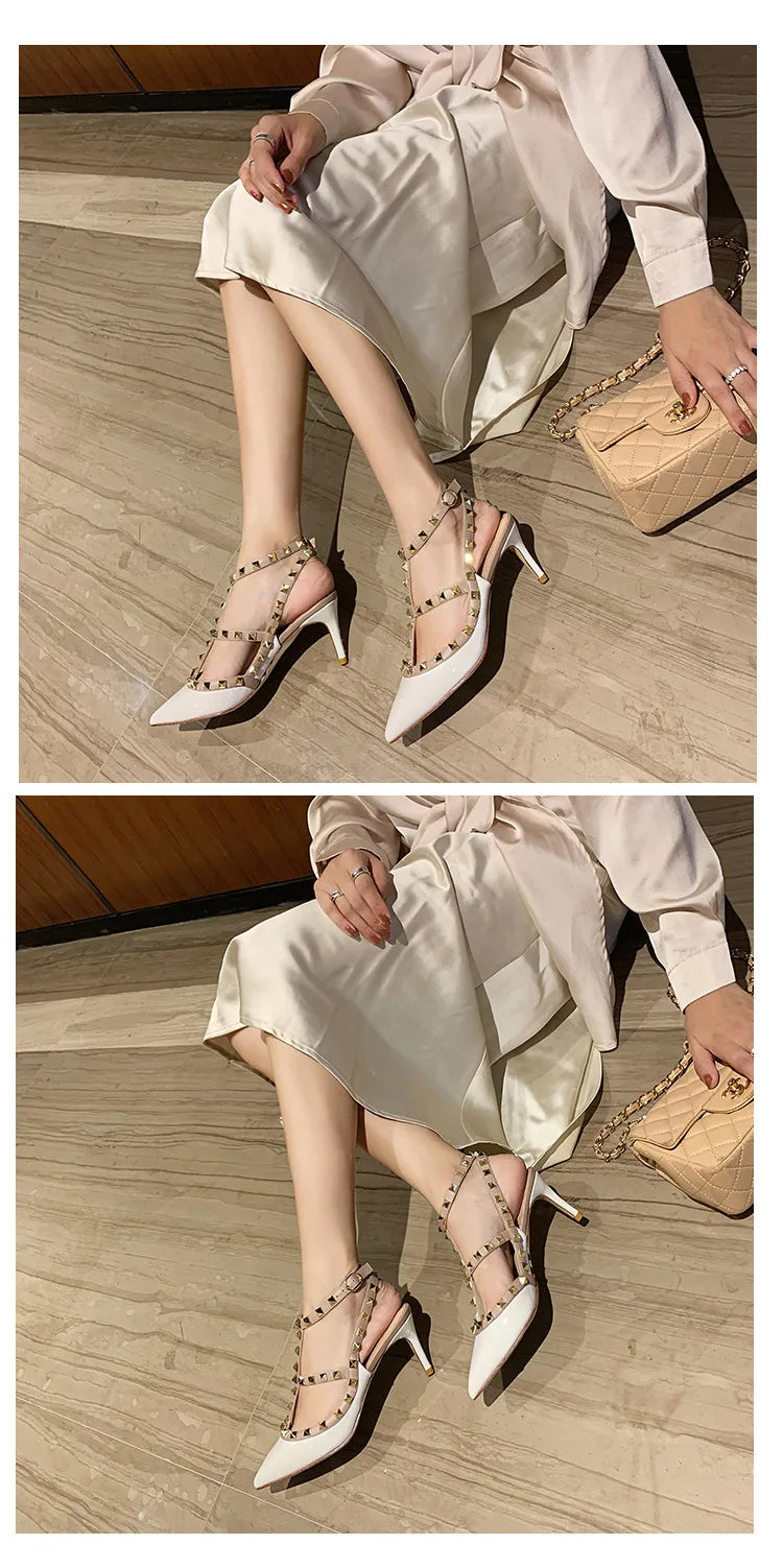 Nude Women's Gladiator sandals Summer 2025 Luxury With Ankle Strap Pointed Toe Fashion Rivet High Heels Party Ladies Shoes Women