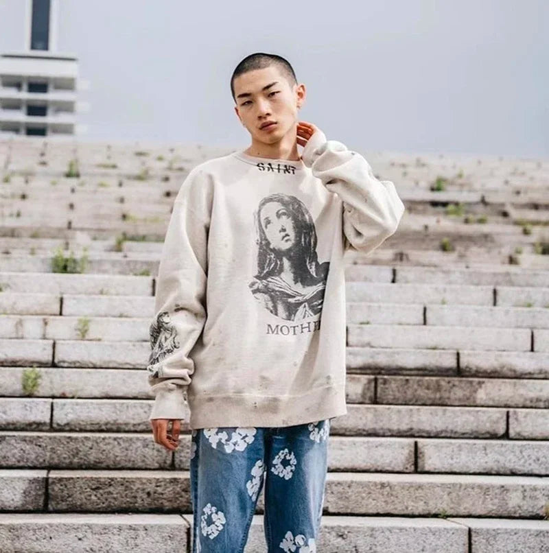 Real Photo Portrait Graffiti Print Saint Hoodie Wash Do Old Destroy Loose Pullover Casual Women Men Sweatshirt