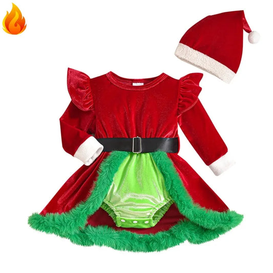 0-18M Newborn Baby Girl Christmas Romper Dress and Hat Santa Claus Velvet Skirt Xmas Outfit Clothes, 크리스마스 아기의상,ropa Bebe Niña