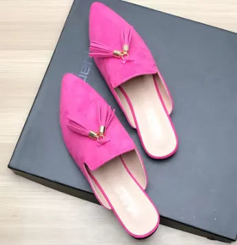 Women Metal Fringe Slippers Flock Shoes Front Closed Toe Khaki Purple Slide For Small And Wide Feet 44-33 22cm Comfortable Tacon