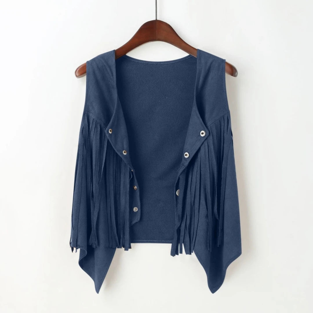 Women Faux Suede Ethnic Sleeveless For Jacket Rivet Fringe Tassels Hippie Open Front Cardigan Vintage Cowgirl Waistcoat Vest