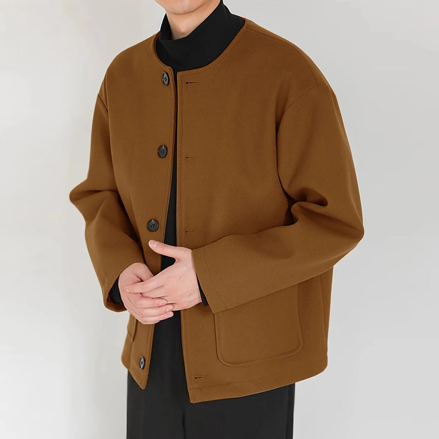 Korean Style Popular Double Side Jackets for Men Light Luxury Solid Fashion Button-up Neckless Woolen Coats Men Leisure Jackets