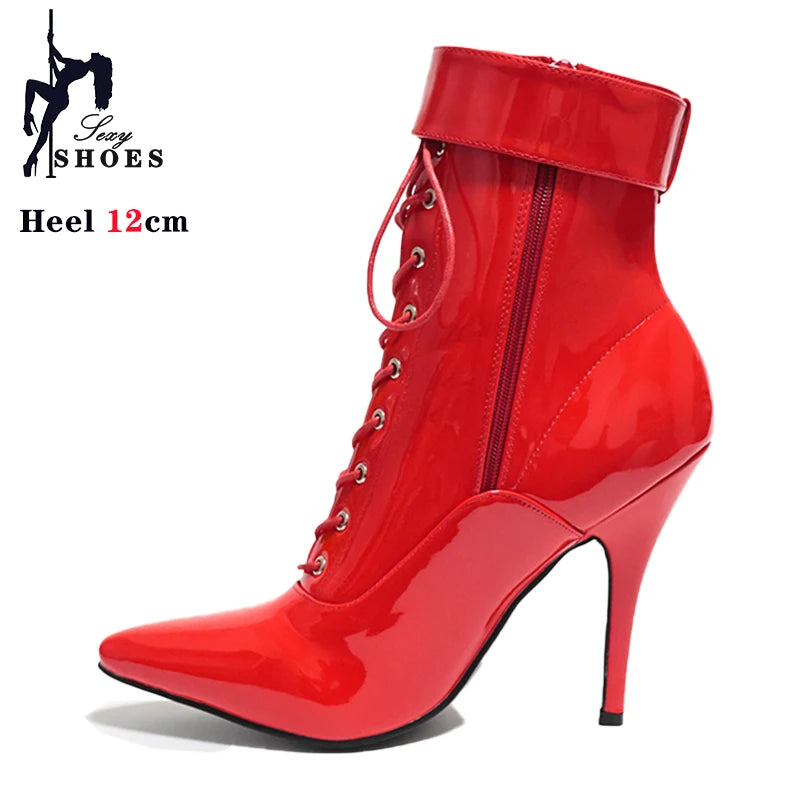 Cross-tied Pink Pointed Toe Ankle Boots 12cm Sexy Fetish Stripper Shoes Patent Leather ZIP Short Boots Women Heels Plus Size 46