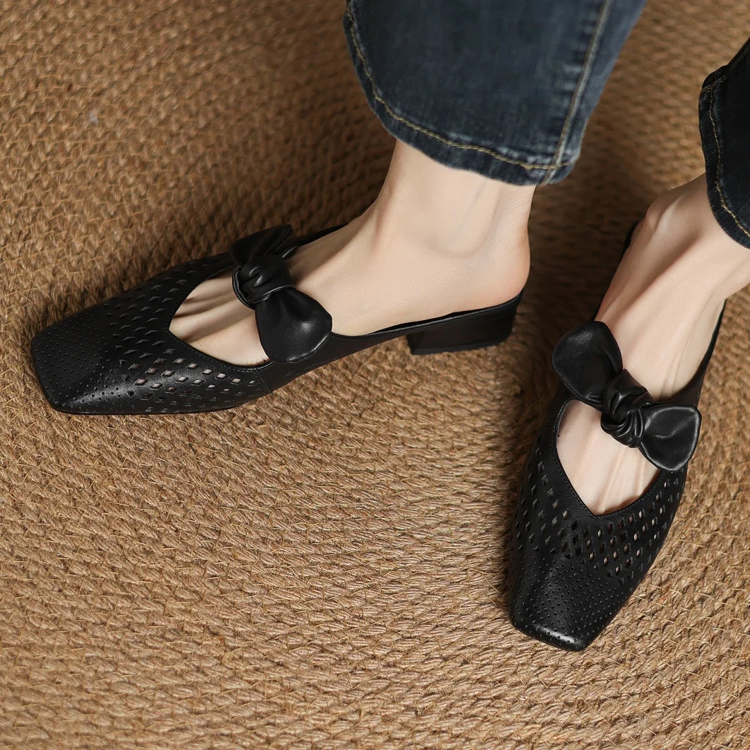 2025 Summer new plus size 34-41 women's hollow-out cow leather slip-on flats summer slides sandals sweet bowtie elegant mules