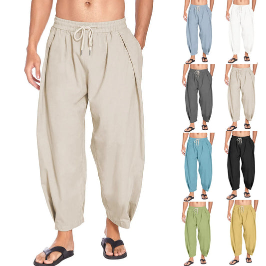 Men's Cotton and Linen Harem Pants Drawstring Casual Cropped Pants Lightweight and Loose Beach Yoga Linen Pants Lightweight