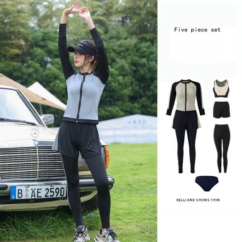 Swimsuit Women Summer Split Conservative Snorkeling Sunscreen Long Sleeve Pants Five Piece Set Jellyfish Sports Surfing Swimsuit