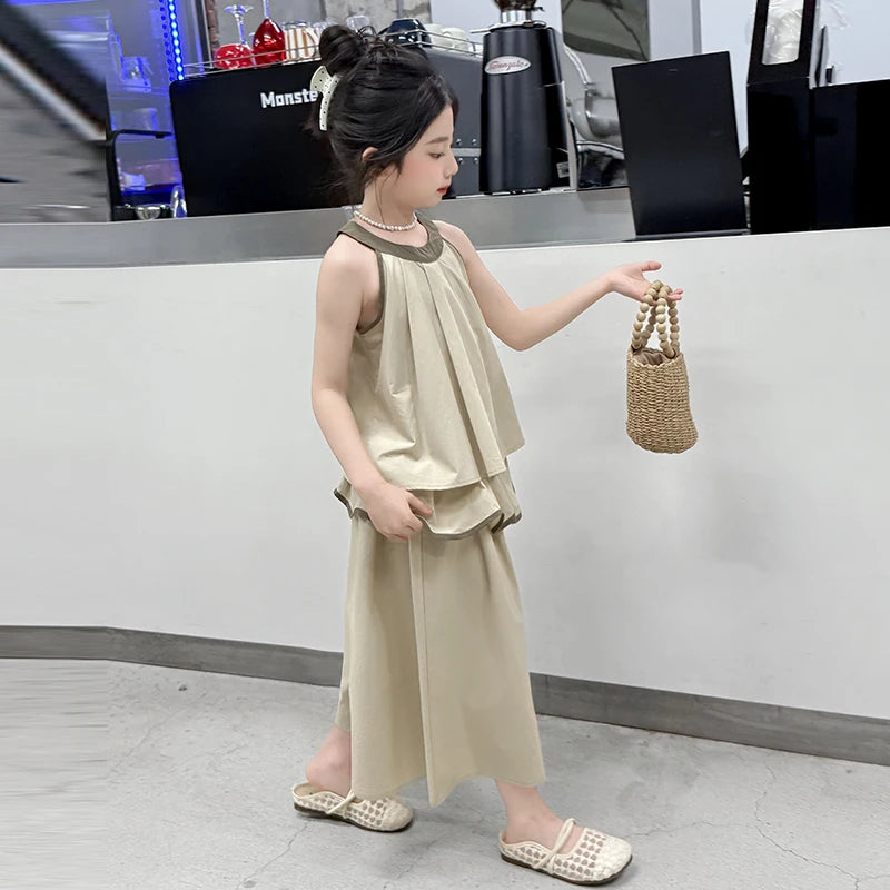 Girls Summer Casual Loose Skirt Pants Set Two Piece Outfit Big Kids Fashion Children's Clothing Set Comfortable