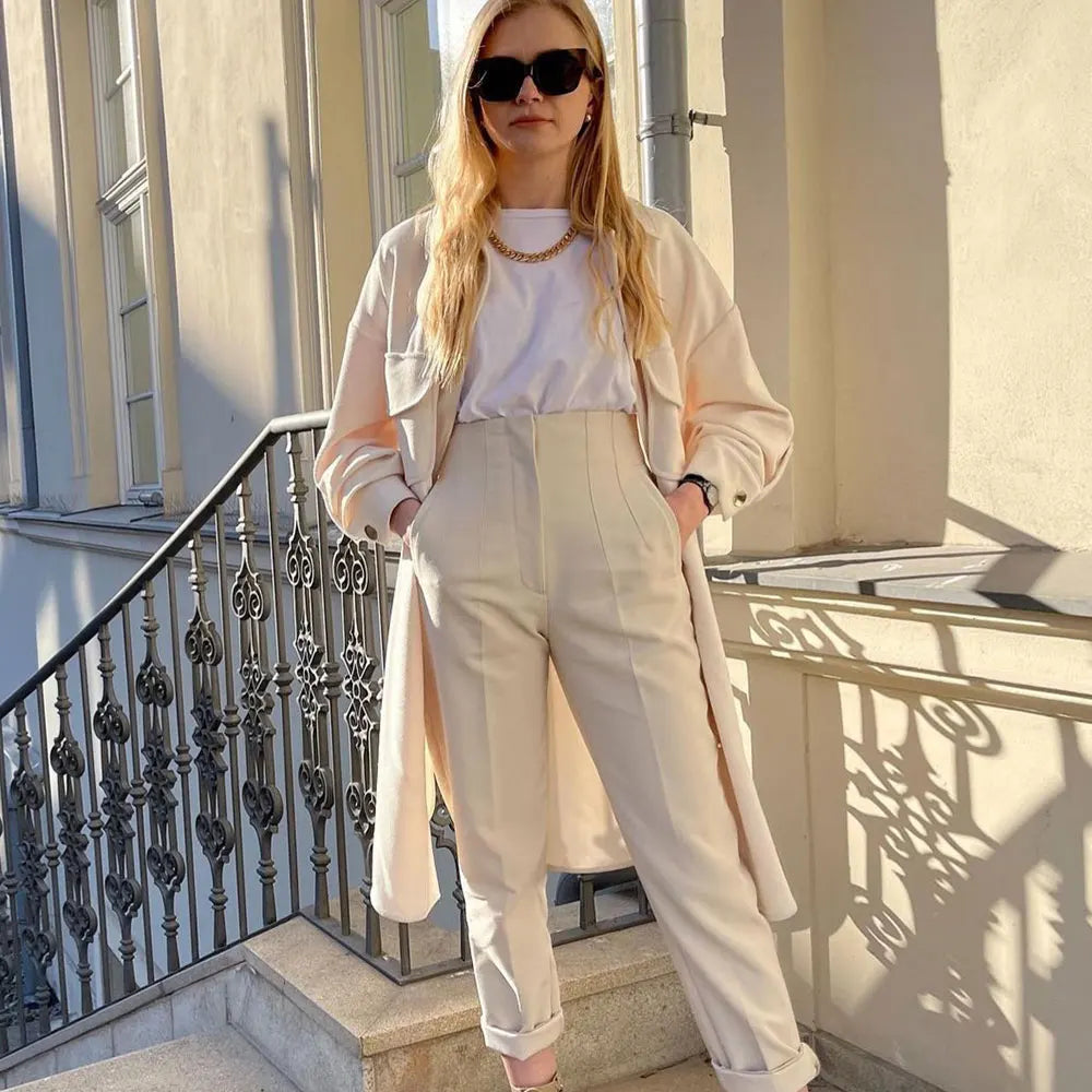 Duoperi Women High Waist Solid Trousers Chic Office Workwear Long Pants