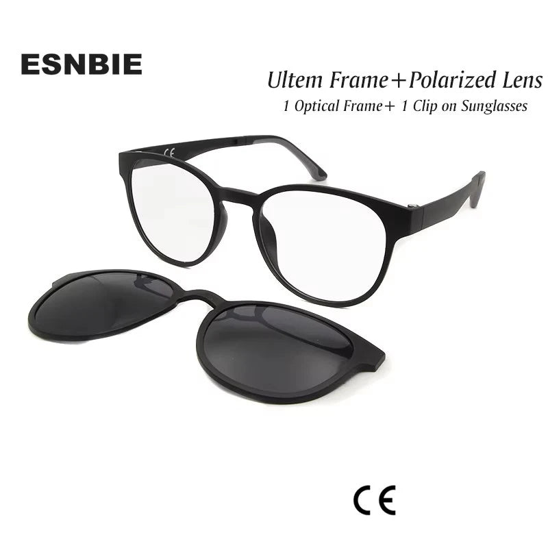 ESNBIE Ultem Polarized Clip On Sunglasses Magnetic Frame Glasses Women Retro Round Eyeglass Spectacle Men oculos feminino BAZAARHUBO