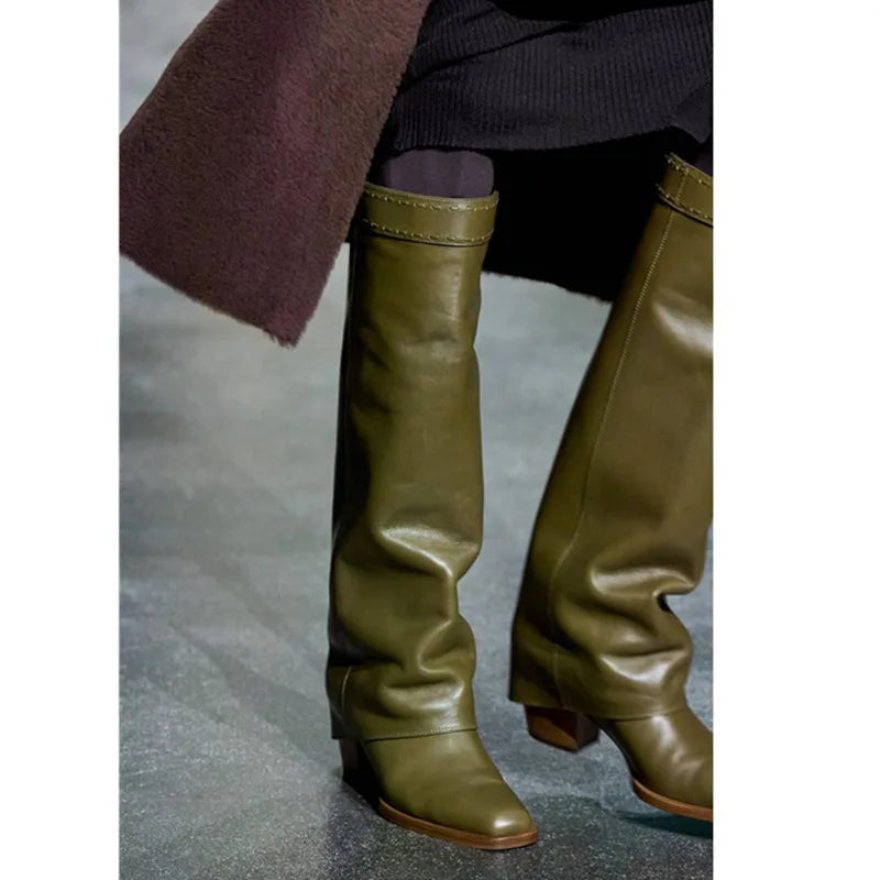 Elegant Temperament of European and American Women, Thick High Heels, Skirt Hem, Knee High Boots, Oversized Retro Knight Boots