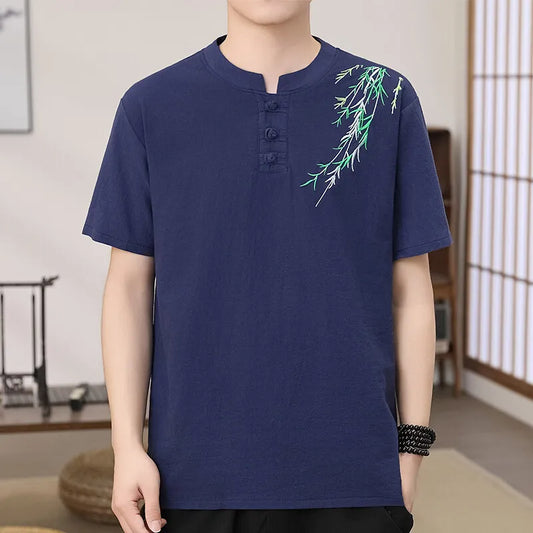 Men's Traditional Chinese Style Linen Cotton Short Sleeve Shirt Breathable Summer Casual Ethnic Embroidered Button-Up Top