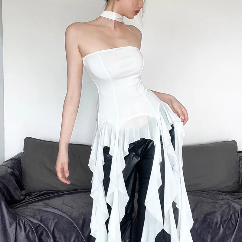 Irregular Fashion Sexy Ruffle Top Women Summer New Sleeveless Solid Tube Tops Lady Evening Party Club Off Shouder Streetwear