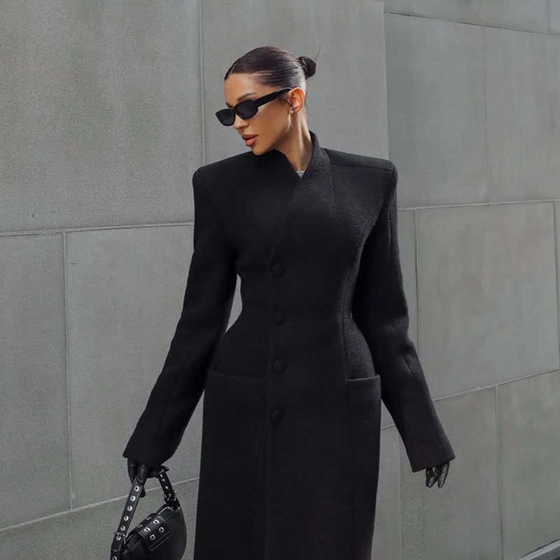 Elegant Long Coat Women V-neck Solid Slim Single-breasted Waist-closed Jackets Lady 2026 Spring Chic Female Streetwear