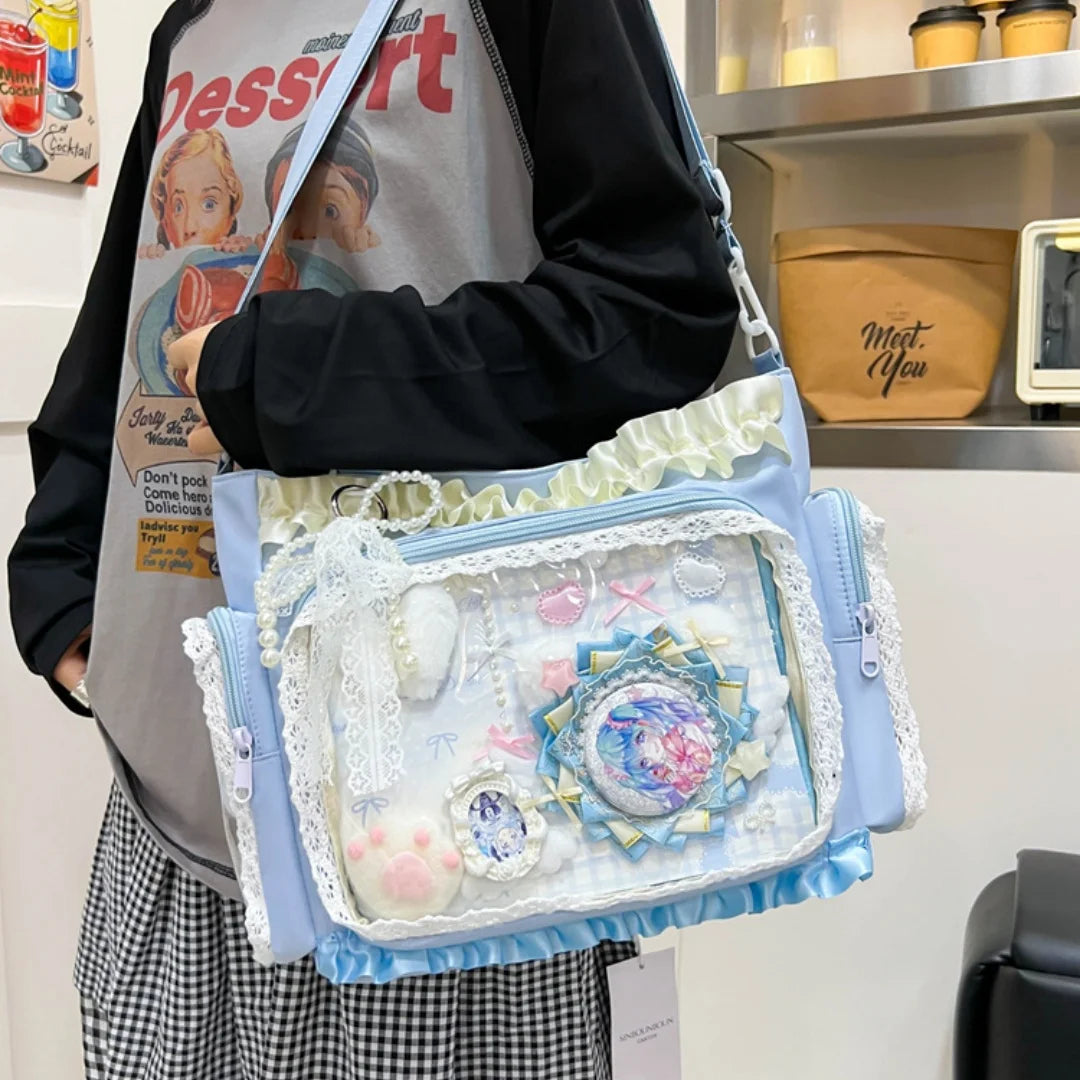 Sweet Lolita Single Shoulder Crossbody Bag Transparent Window Lace Ruffles Anime Badge Display Bag for Women