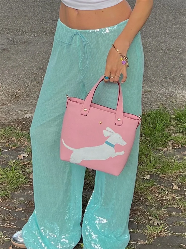 Women Sequin Pants Cinched Waist Glitter Baggy Straight Long Trousers
