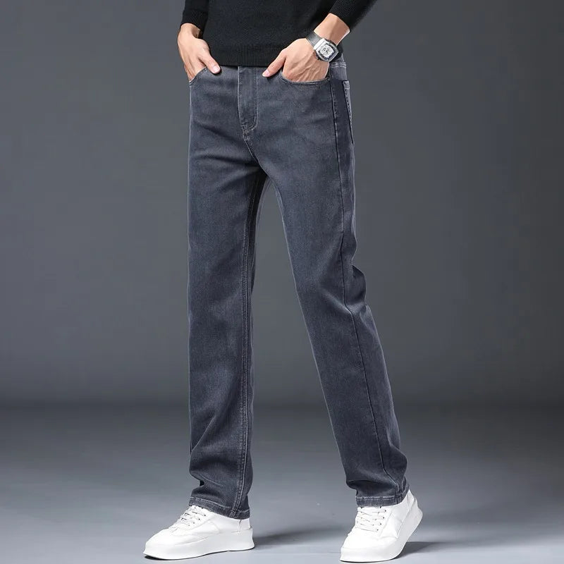 Gray Jeans Men's Fashion Spring Autumn Casual Elastic Trousers Classic Straight Business Work Vintage Washed Denim Pants