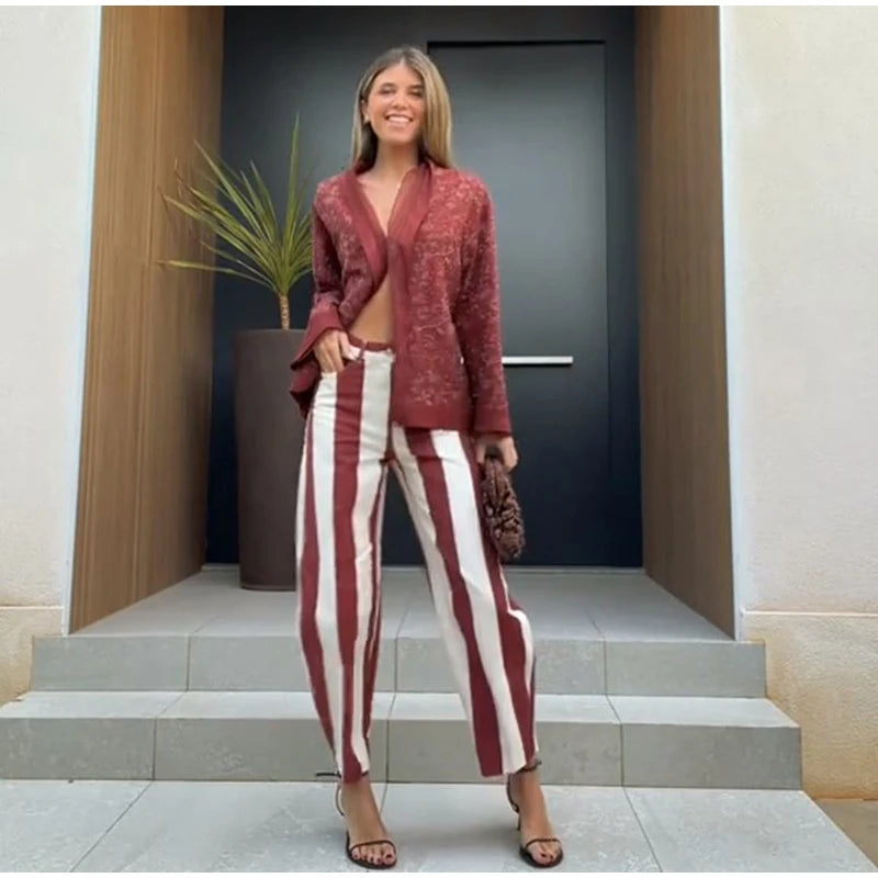 Street Striped Jeans Women's High-Waist Pockets Wide-Leg Trouser 2026 Spring Summer Retro Multicolor Vertical Stripe Denim Pant