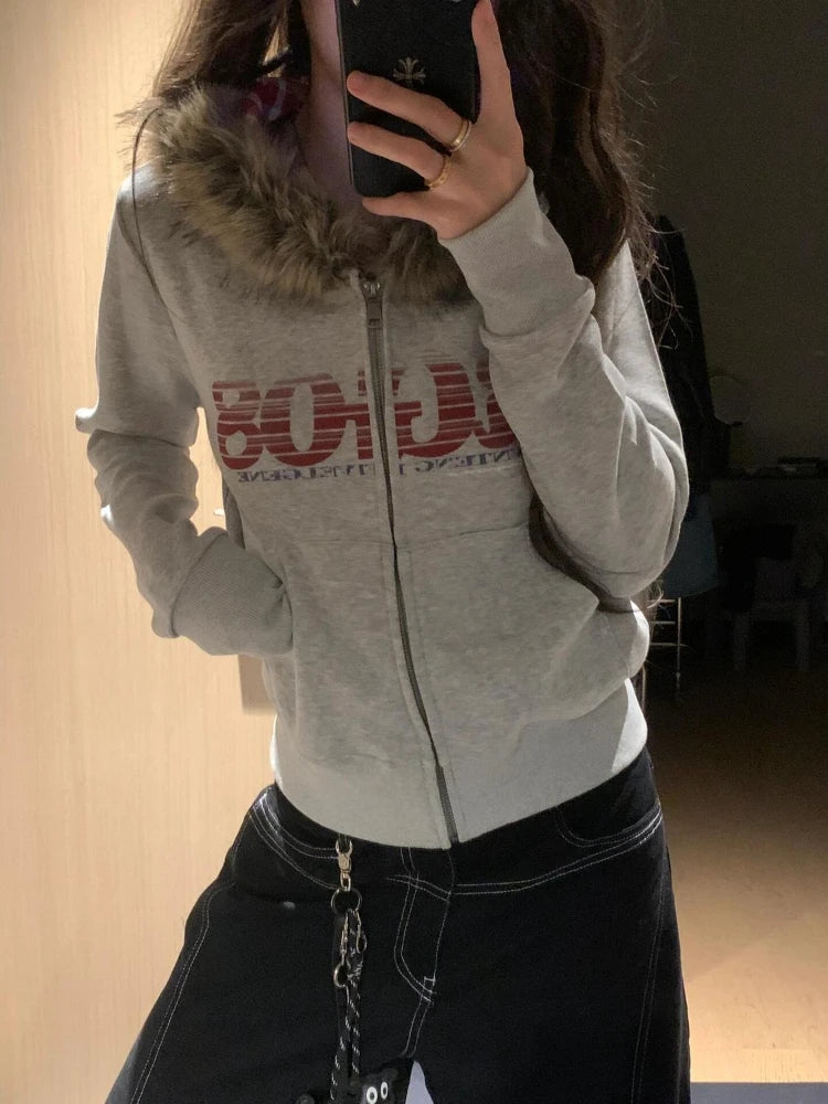 Women American Vintage Letter Print Jacket Antumn Winter Y2K Harajuku Faux Fur Hooede Hoodie Sweet Fashion Hot Girl Sweatshirt BAZAARHUBO