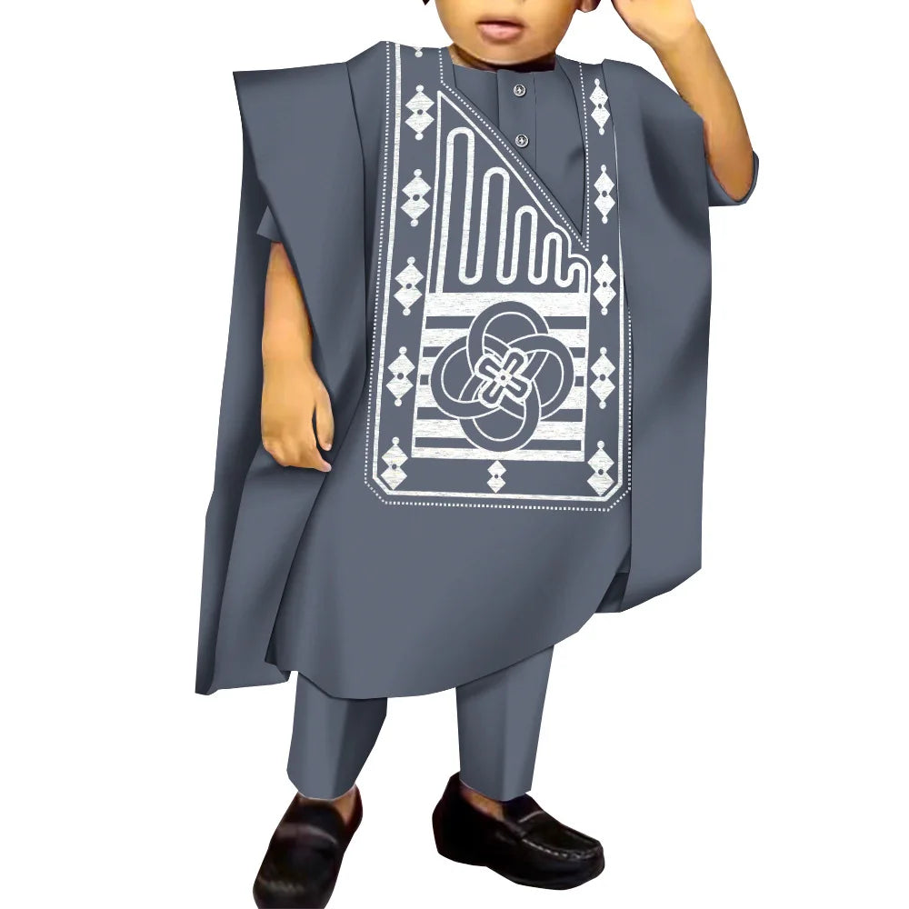 African Boy Embroidered Robe Set Children's Dress Gown Shirt and Trousers Three-piece Boys Traditional Clothing Party Wedding