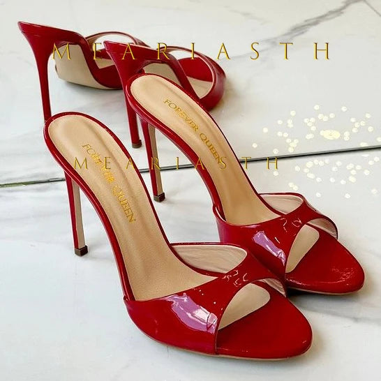 Red Patent Leather Stiletto Slippers Open Toe Solid Sexy High Heels Summer 2025 New Nightclub Outside Plus Size 45 Luxury Shoes