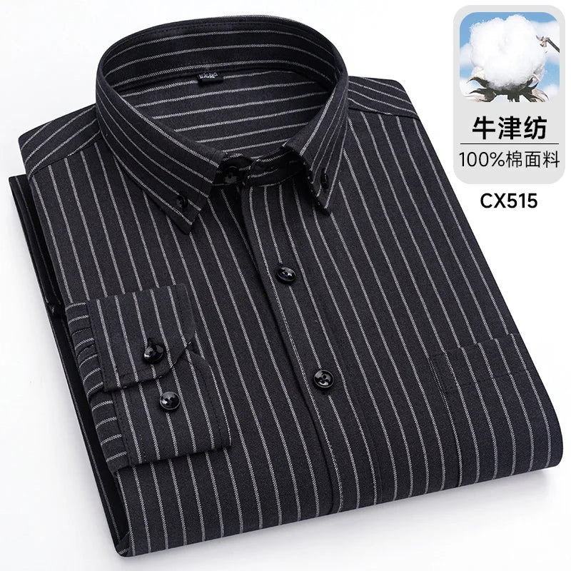 100%Pure Cotton Shirt Long Sleeve  Oxford Casual Solid Color Striped Regular Fit Formal Dress Shirt Men's Clothing 6XL 7XL