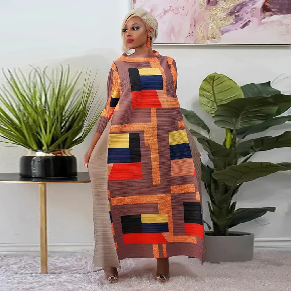 African Dresses for Women Summer Fashion Style African 3/4 Sleeve Polyester O-neck Pleated Dress Dashiki African Clothes Women
