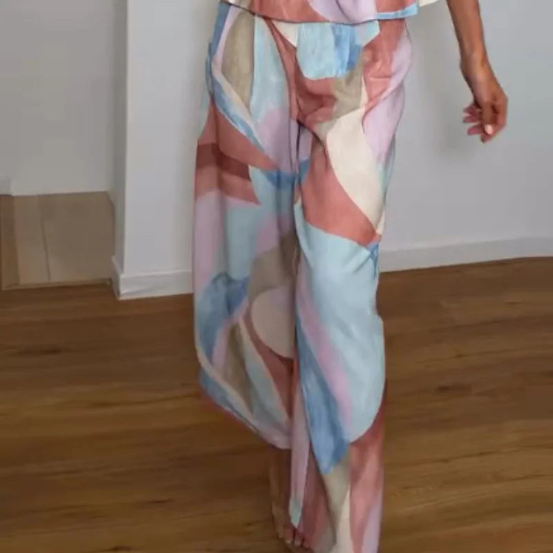 Pastel Print Cami Top Wide Leg Pants Set Ruffle Hem Sleeveless 2026 Summer Vacation Women Co-ord Set Chic Causal Lady Outfit