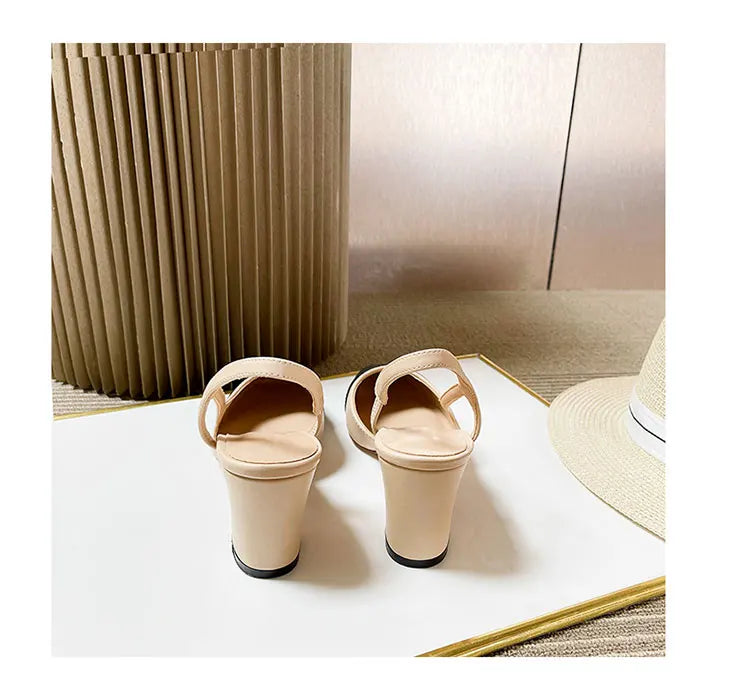 2023Spring Autumn Fashion High Heels Sandals Women's Dress Square Toe Slingback Shoes Women's Color Block Back With Flat Sandals