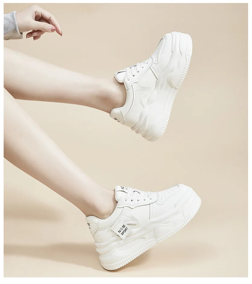 Fujin 8.5cm Genuine Leather Women Vulcanize Chunky Sneakers Women Summer Hidden High Heels Platform Wedge Summer Mesh Shoes