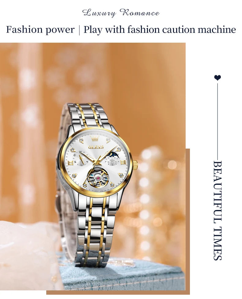 OLEVS 6608 Women Watch Original New Luxury Watch Stainless Steel Automatic Mechanical Diamond Scale Waterproof Watches For Women
