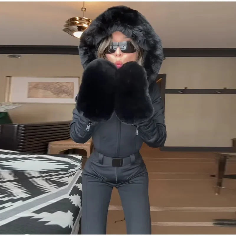 Women  Fur Collar Hooded Skiwear Fashion Solid Thicken Zipper High Waist Slim Outdoor Overalls Jumpsuit  Lady Winter Outwear