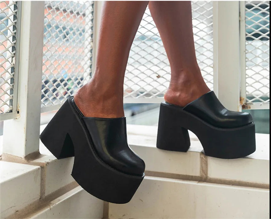 Sandals Summer 2026 New Women Slippers Baotou Platform Trend High Heels Ladies Shoes Pumps Black Soft Leather Thick Slides Mujer