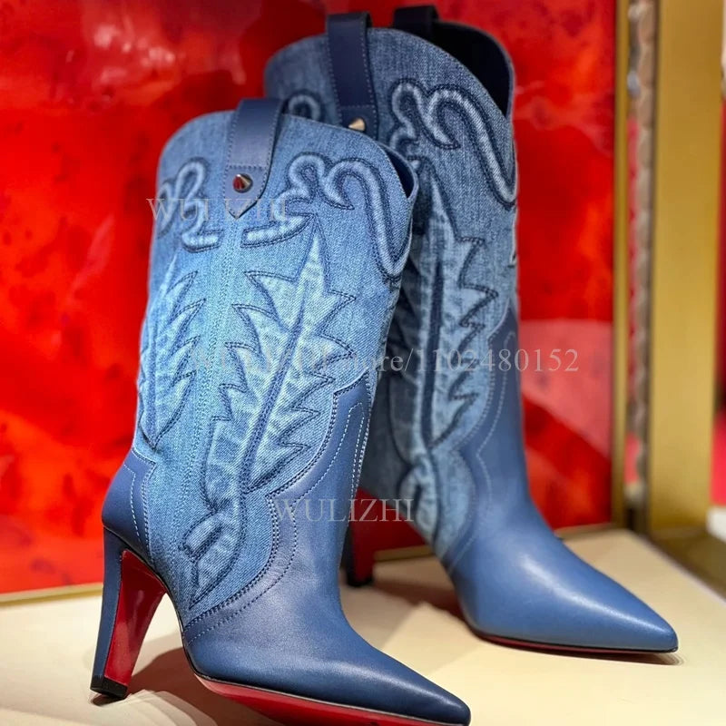 Denim Blue Totem Calf Boots Women Pointed Stilettos Red Heels Winter Zipper Casual Weave Office Lady Luxury Design Graffiti Shoe