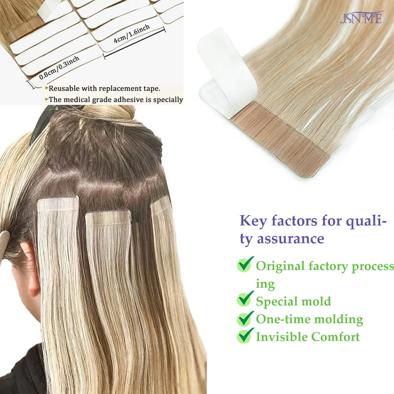 JSNME High Quality Tape In Hair Extension Invisible 100% Real Human Hair Straight Tape Ins  Brown Blonde 2.5g/pcs 16-22 Inch