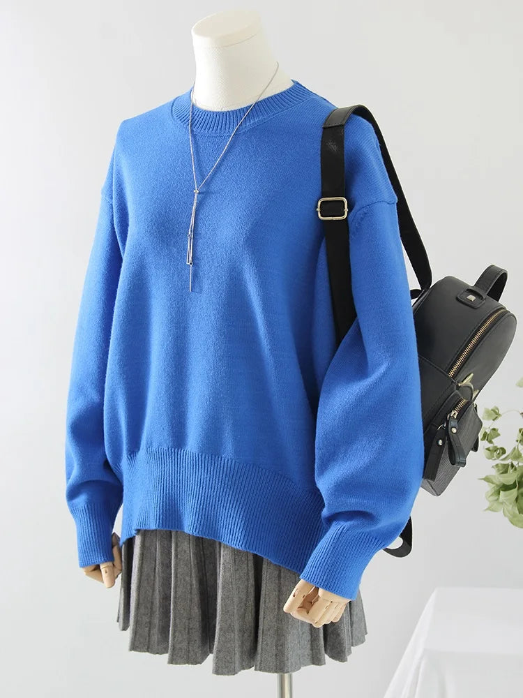 Oversize Burgundy Womens O Neck Knitwear Sweater Warm Winter Pullover