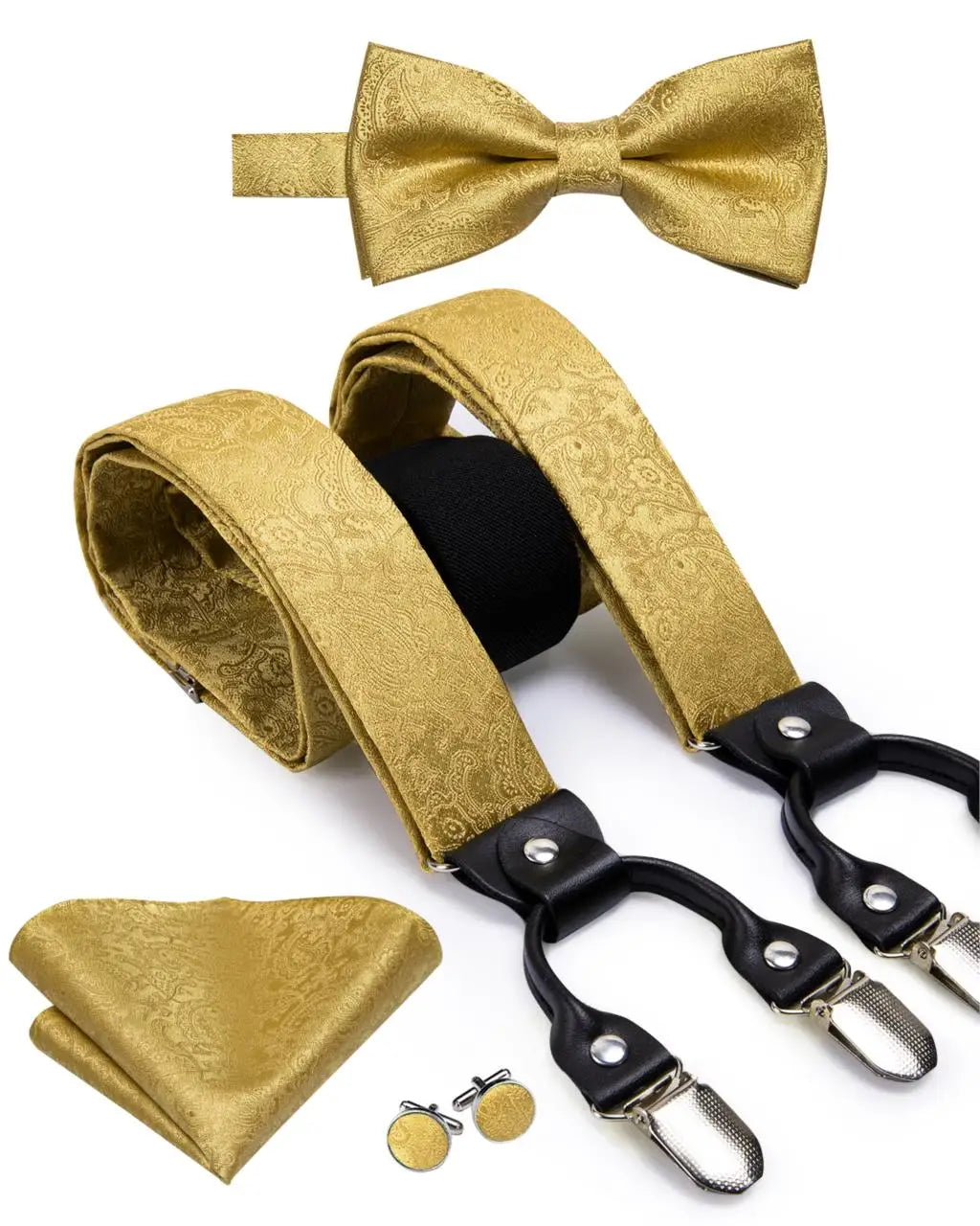 Hi-Tie Silk Adult Men's suspenders Set Leather Metal 6 Clips Braces Gold Brown Floral Vintage Men Fashion Wedding Suspenders Men BAZAARHUBO