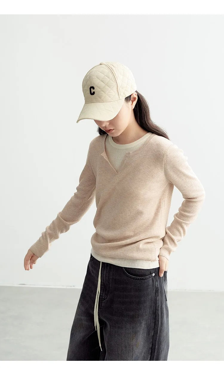 Super Comfortable to Wear~ 2025 Autumn and Winter New Style Faux Two-Piece Knit Sweater for Women, High-End Wool Sweater Top