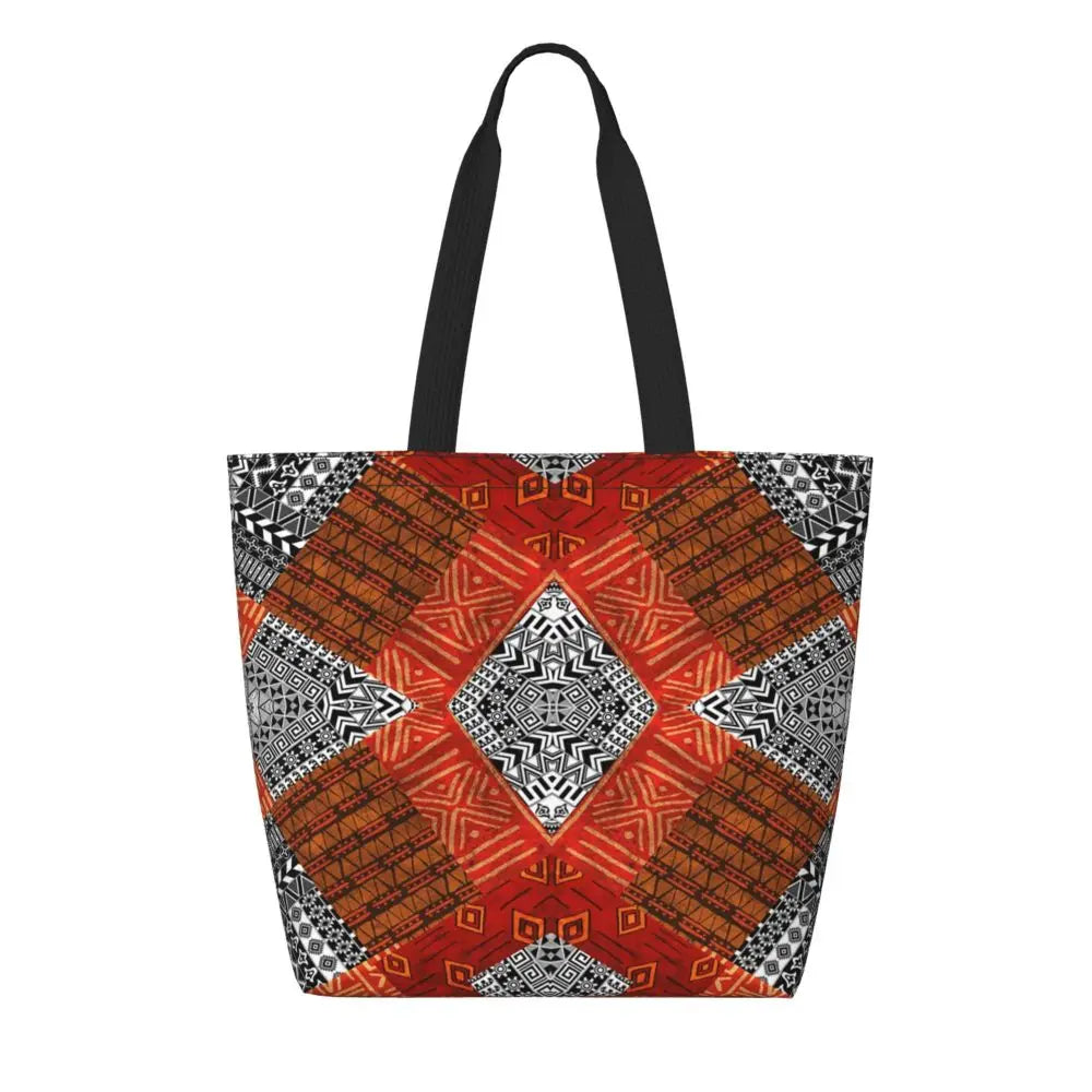 African Ankara Prints Grocery Shopping Tote Bags Women Geometric Ethnic Art Canvas Shoulder Shopper Bags Big Capacity Handbag